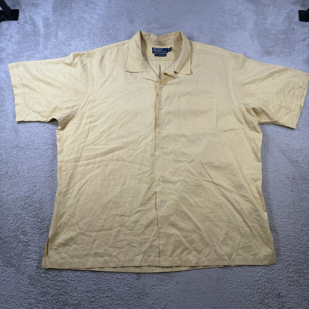 Polo Ralph Lauren Shirt Mens 2XL Yellow Caldwell Silk Blend Loop Collar Camp